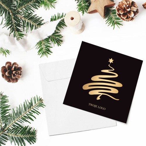Czarne kartki firmowe na Boże Narodzenie drukowane ze złotą choinką