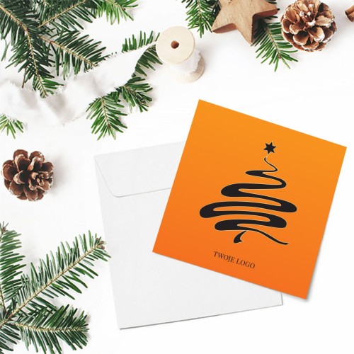 Pomarańczowe kartki firmowe na Boże Narodzenie drukowane z choinką