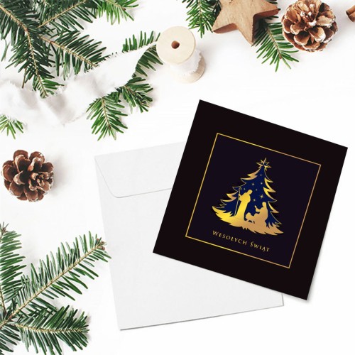 Czarne kartki firmowe na Boże Narodzenie drukowane ze złotą szopką