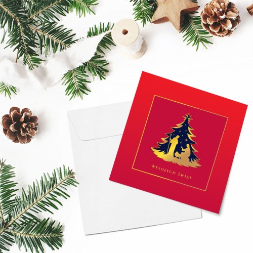 Czerwone kartki firmowe na Boże Narodzenie drukowane ze złotą szopką