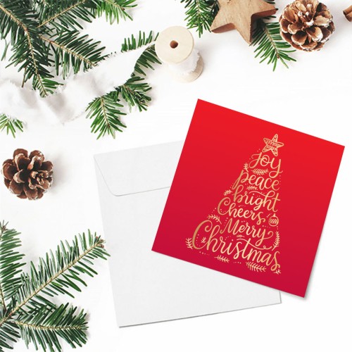 Czerwone kartki firmowe na Boże Narodzenie drukowane ze złotą choinką