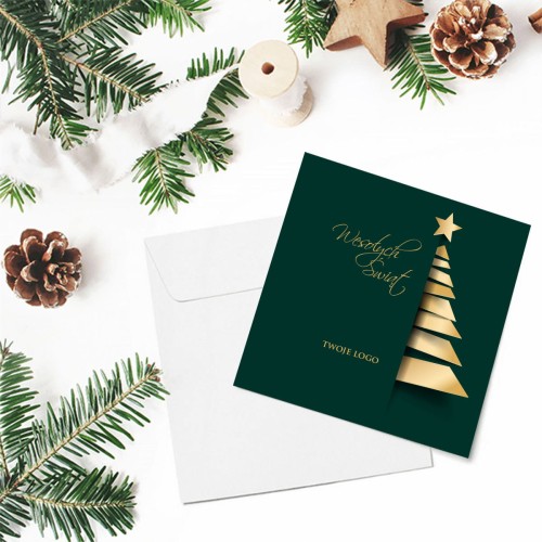 Zielono złote kartki Firmowe Boże Narodzenie - drukowane z motywem choinki