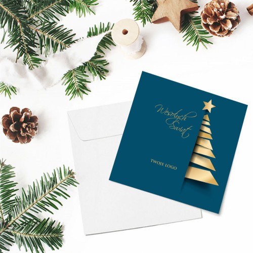 Niebiesko złote kartki Firmowe Boże Narodzenie - drukowane z motywem choinki