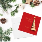 Czerwono złote kartki Firmowe Boże Narodzenie z motywem choinki - 14,5x14,5 cm