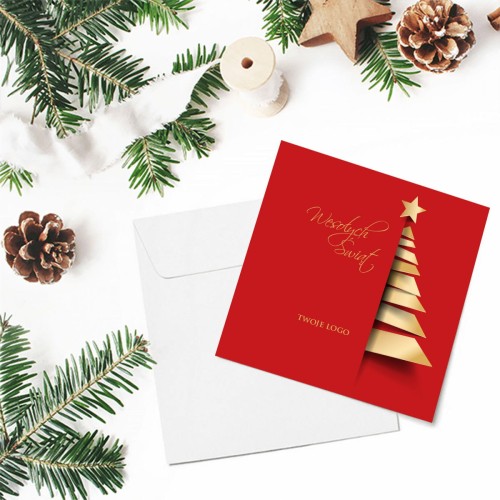 Czerwono złote kartki Firmowe Boże Narodzenie - drukowane z motywem choinki
