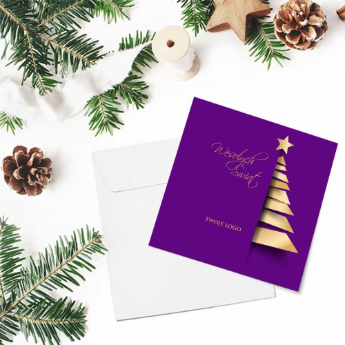 Fioletowo złote kartki Firmowe Boże Narodzenie - drukowane z motywem choinki