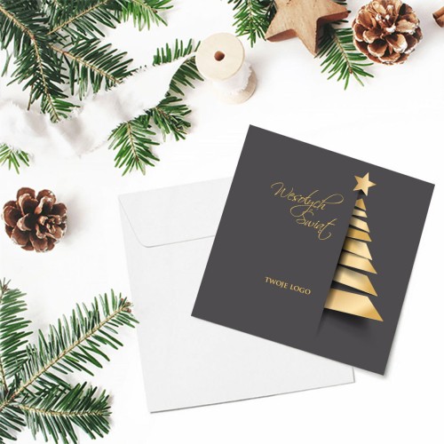 Szaro złote kartki Firmowe Boże Narodzenie - drukowane z motywem choinki