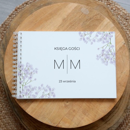 Księga gości klasyczna lub z ankietami - wzór z fioletową gipsówką