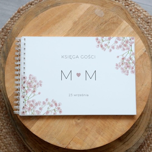 Księga gości klasyczna lub z ankietami - wzór z różową gipsówką