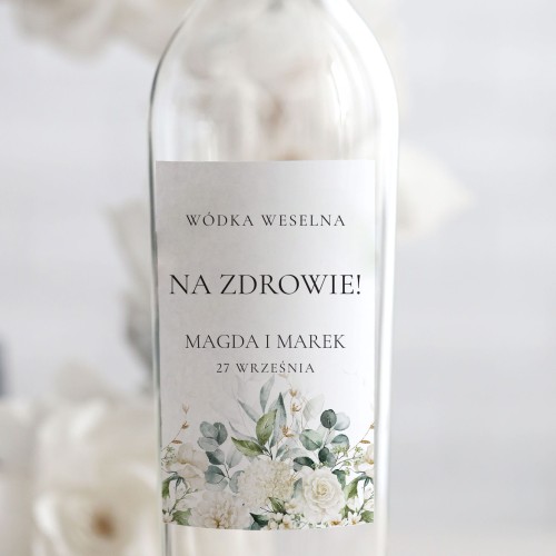 Weselne naklejki na butelkę z liśćmi eukaliptusa