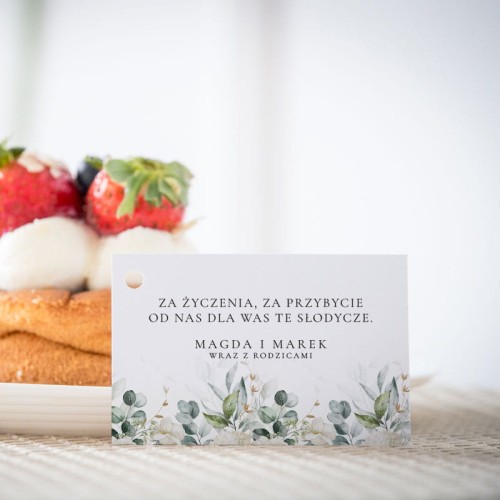 Karteczki do ciasta  weselnego z liśćmi eukaliptusa