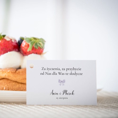 Karteczki do ciasta  weselnego z liliową wstążeczką