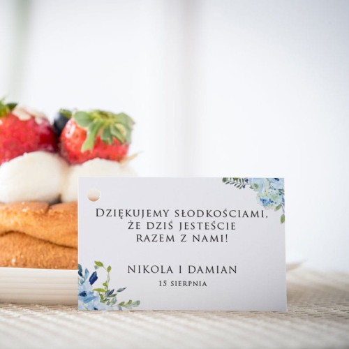 Karteczki do ciasta weselnego z niebieską hortensją