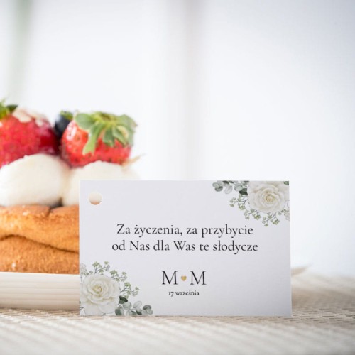 Karteczki do ciasta weselnego z białą różą