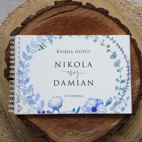 Księga gości klasyczna lub z ankietami - wzór z błękitnym wianuszkiem