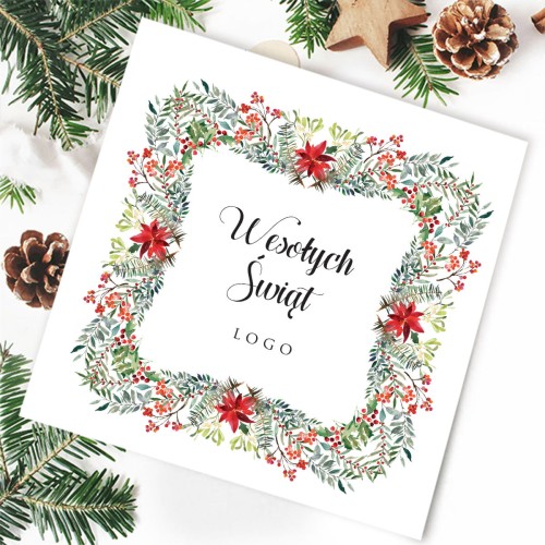 Kartki firmowe na Boże Narodzenie  ze świątecznym wiankiem - 14,5x14,5 cm