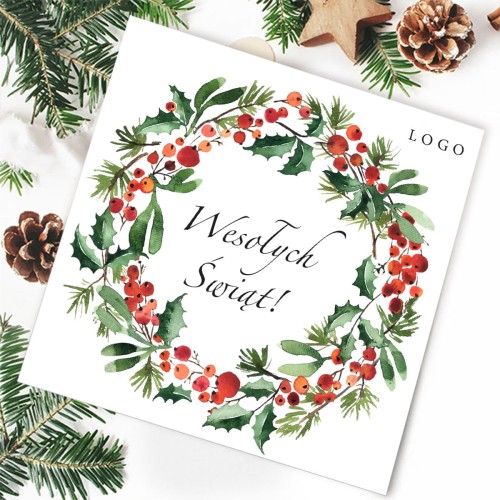Kartki firmowe na Boże Narodzenie  ze świątecznym wiankiem - 14,5x14,5 cm