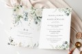 Zaproszenia ślubne z białymi kwiatami i liśćmi eukaliptusa