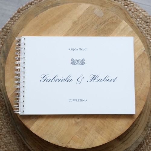 Księga gości klasyczna lub z ankietami - wzór z granatowymi kwiatami i łabędziami