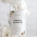 Weselne naklejki na butelkę z rustykalnym wiankiem