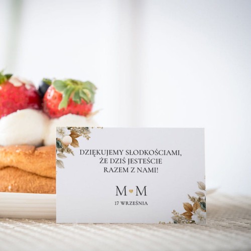 Karteczki do ciasta weselnego ze złotymi liśćmi