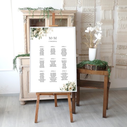 Plan stołów z kompozycją z eukaliptusa