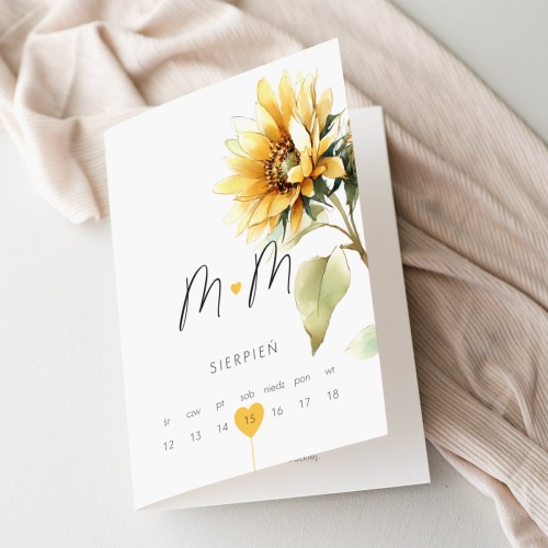 Pełne słońca zaproszenia ślubne ze słonecznikami - rozkładane 12x17
