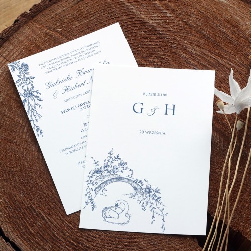 Granatowe zaproszenia ślubne w stylu vintage -  dwie karty 12x17