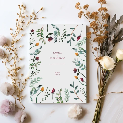 Zaproszenia ślubne z bordowymi kwiatami boho - 10x15 jednokartowe