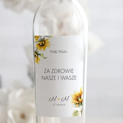 Weselne naklejki na butelkę ze słonecznikami