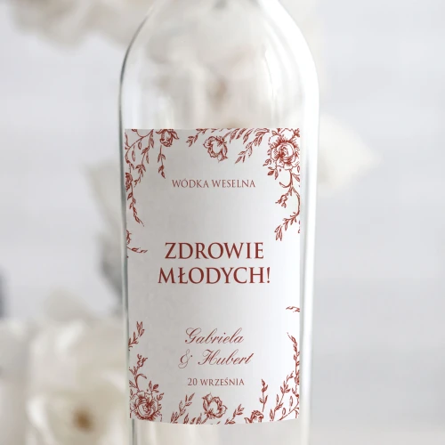 Weselne naklejki na butelkę flora vintage burgund