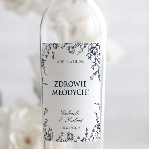 Weselne naklejki na butelkę flora vintage granat navy ink