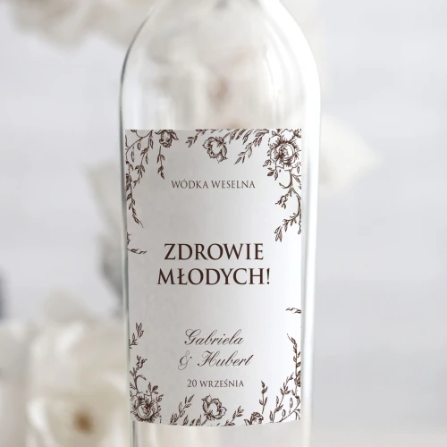 Weselne naklejki na butelkę flora vintage brąz