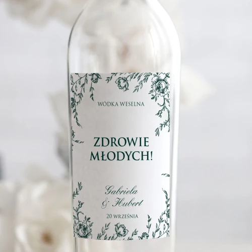 Weselne naklejki na butelkę flora vintage zielona butelka