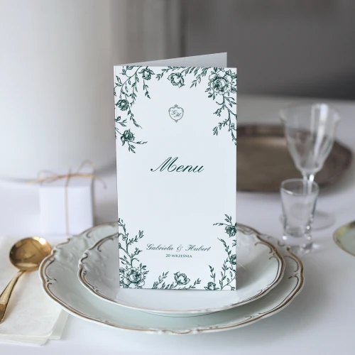 Karta menu lub harmonogram z kwiatami vintage flora - zieleń butelkowa