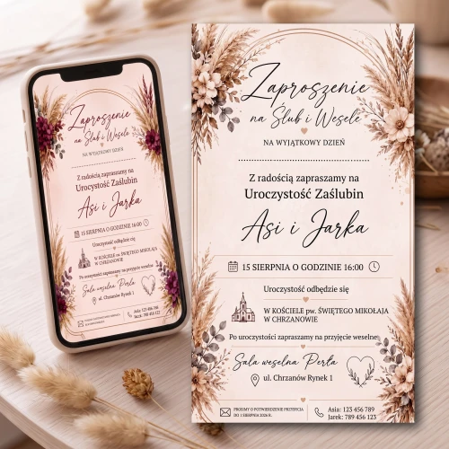Druk podłużnych zaproszeń ślubnych DL z Twojego projektu AI (jednokartkowe, 10x21 cm)