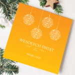 Żółto-Pomarańczowe kartki firmowe na Boże Narodzenie z białymi bombkami - 14,5x14,5 cm