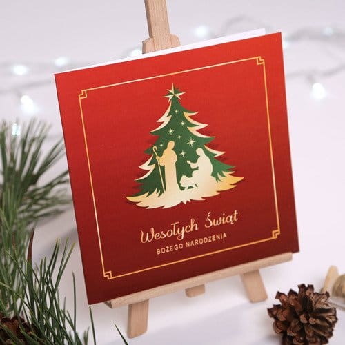 Kartki Firmowe - Szopka bożonarodzeniowa - wersja kolorystyczna czerwona 14,5x14,5 cm