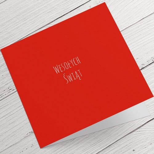 Kartki Firmowe Boże Narodzenie z napisem Wesołych Świat na czerwonym tle  - 14,5 x 14,5 cm