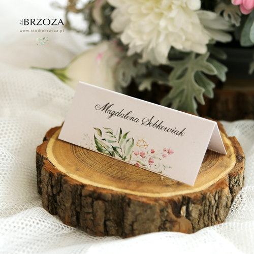 Winietki drukowane z kolekcji romantycznej z motywem delikatnych liści w stylu rustykalnym