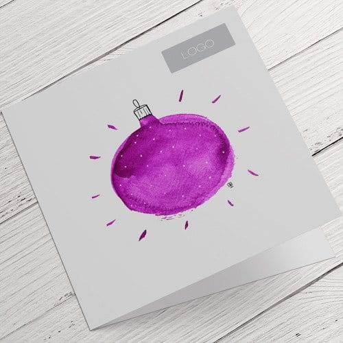 Kartki firmowe na Boże Narodzenie z fioletową bombką - 14,5 x 14,5 cm