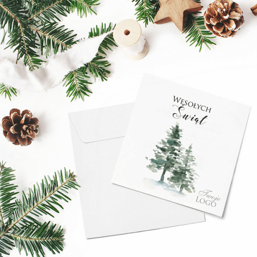 Kartki firmowe na Boże Narodzenie z motywem choinek malowanych akwarelą - 14,5x14,5 cm