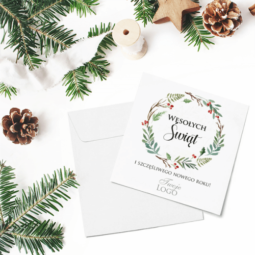 Kartki firmowe bożonarodzeniowe/noworoczne z motywem delikatnego wianuszka - 14,5x14,5 cm