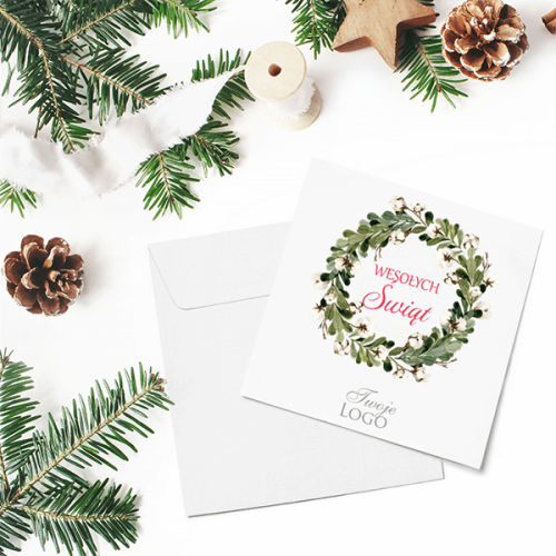 Kartka firmowa na Boże Narodzenie drukowana z motywem jemiołowego wianka