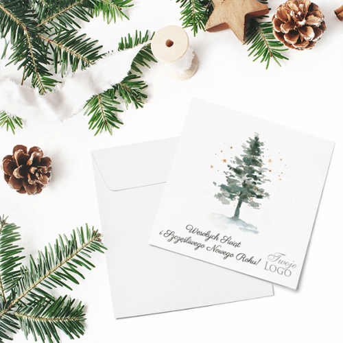 Kartki firmowe bożonarodzeniowe/noworoczne z motywem choinki malowanej techniką akwareli - 14,5x14,5 cm