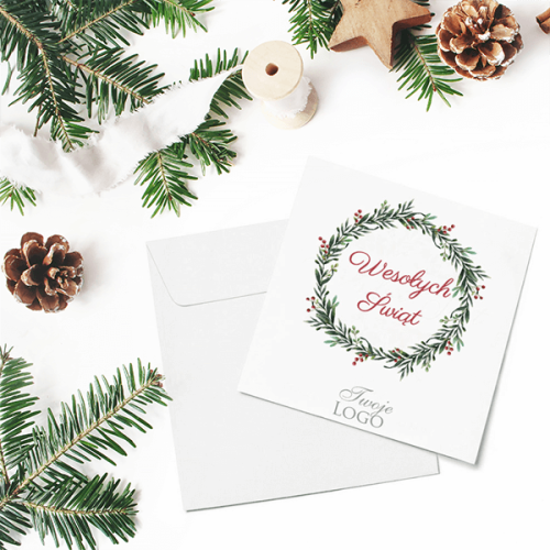 Kartki firmowe na Boże Narodzenie z motywem zimowego wianka - 14,5x14,5 cm