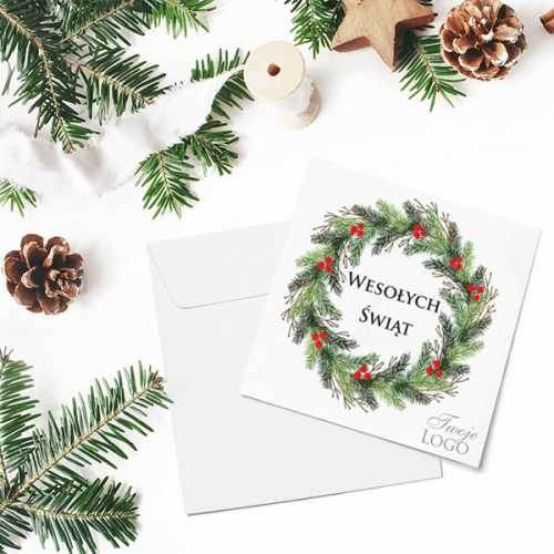 Kartka firmowa na Boże Narodzenie drukowana z motywem świątecznego wieńca