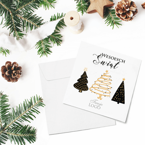 Kartka firmowa na Boże Narodzenie drukowana z grafiką choinek w wersji czarno-beżowej