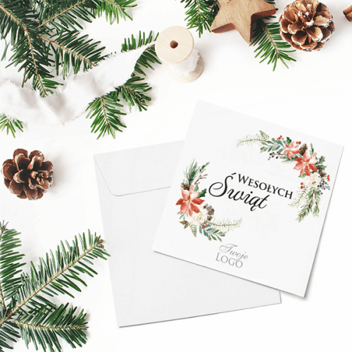 Kartka firmowa na Boże Narodzenie drukowana ze świątecznym motywem kwiatowym