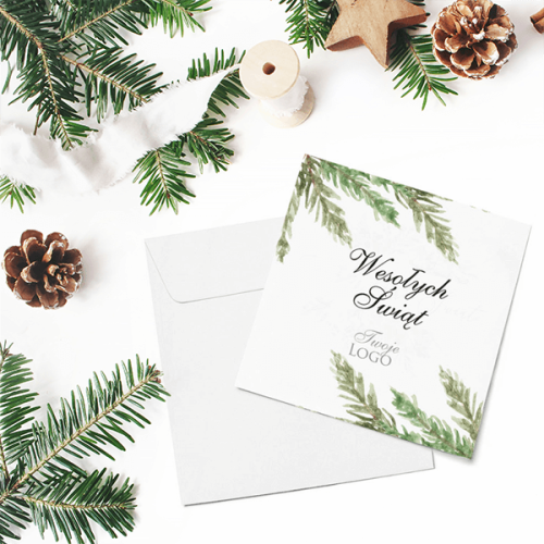 Kartka firmowa na Boże Narodzenie drukowana z motywem świerkowych gałązek malowanych akwarelą